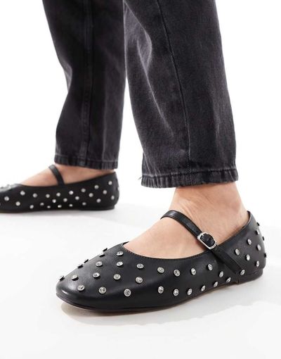 ALDO ALDO Marylina Studded Ballet Flats with Buckle in Black Leather