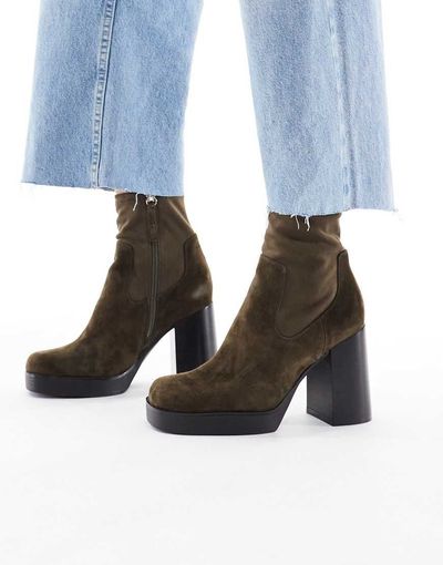 ALDO ALDO Seraphica block heel high ankle sock boots in brown leather