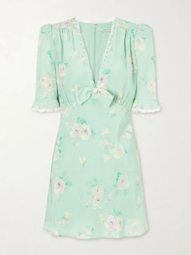 ALESSANDRA RICH Floral-print lace-trimmed bow-embellished silk mini dress