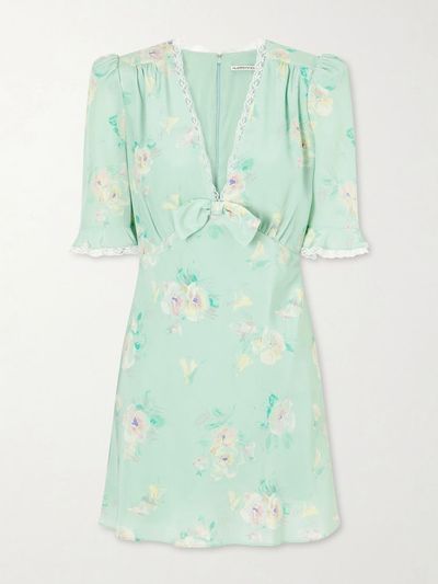 Alessandra Rich Floral-Print Lace-Trimmed Bow-Embellished Silk Mini Dress