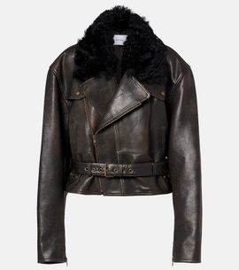 Alex Perry Alex Perry Shearling-trimmed cropped leather biker jacket