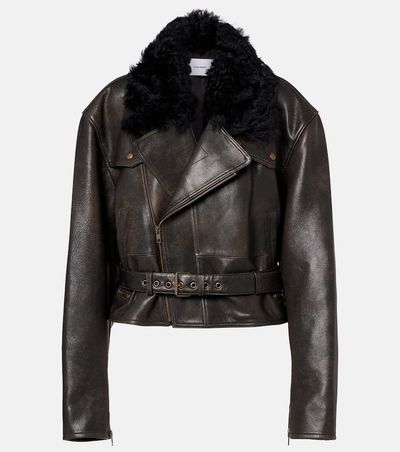 Alex Perry Alex Perry Shearling-trimmed cropped leather biker jacket