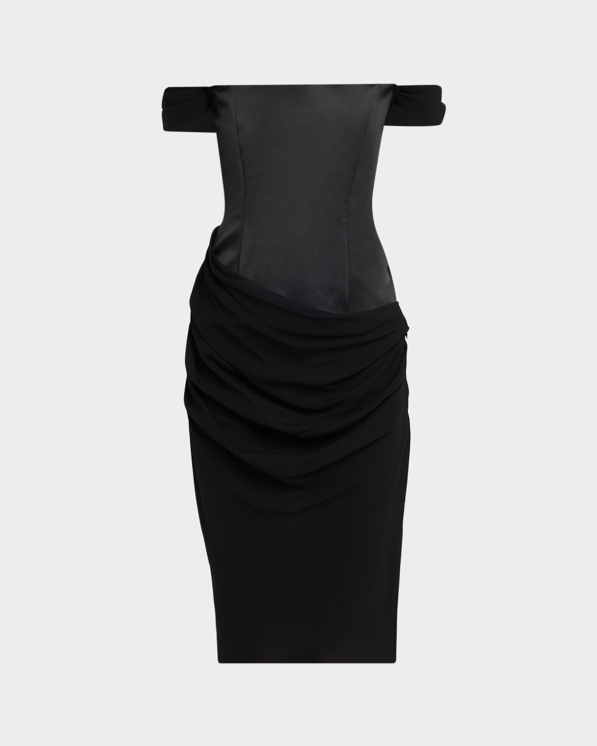 Alex Perry Off-The-Shoulder Draped Satin Corset Midi Dress