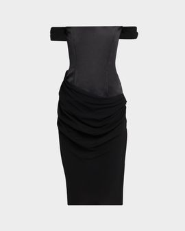 Alex Perry Off-The-Shoulder Draped Satin Corset Midi Dress