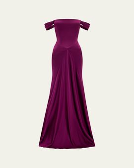Alex Perry Off-The-Shoulder Paneled Satin Crepe Gown