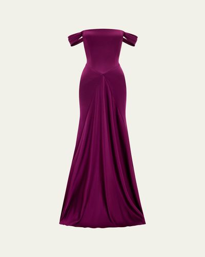 Alex Perry Off-The-Shoulder Paneled Satin Crepe Gown
