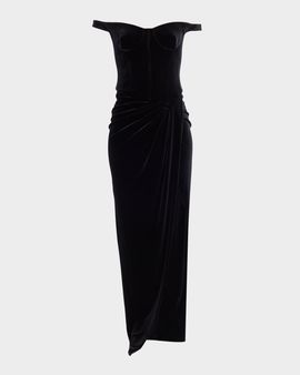 Alex Perry Off-The-Shoulder Velvet Bustier Draped Maxi Dress