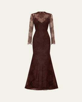 Alex Perry Sheer Lace Long-Sleeve Trumpet Gown