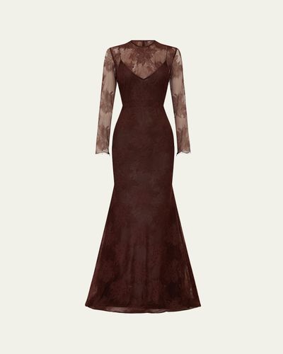 Alex Perry Sheer Lace Long-Sleeve Trumpet Gown