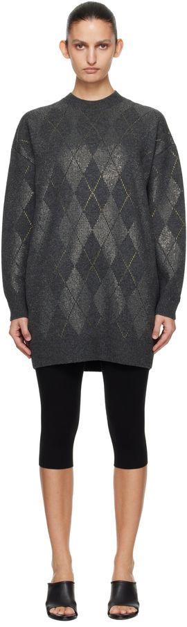 Alexander Wang Alexander Wang Gray Long Sleeve Crewneck Crystal Argyle Hotfix Minidress