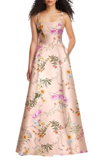 Alfred Sung Alfred Sung Floral Corset Satin Gown