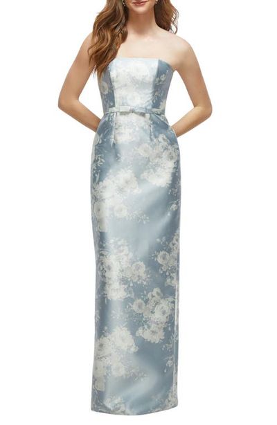 Alfred Sung Alfred Sung Floral Strapless Bow Belt Satin Twill Column Gown
