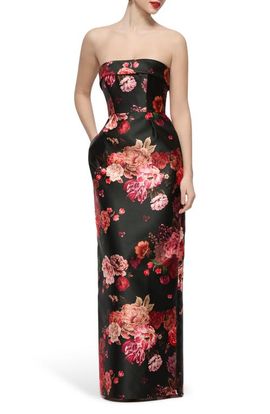 Alfred Sung Alfred Sung Maye Floral Strapless Satin Column Gown