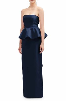 Alfred Sung Alfred Sung Strapless Ruffle Peplum Satin Column Gown