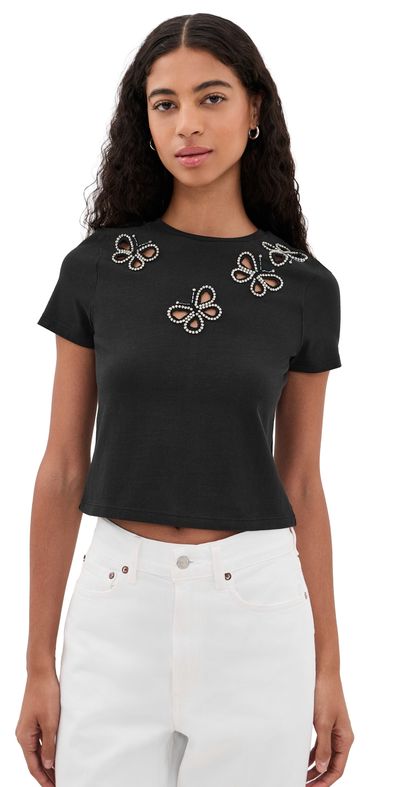 ALICE + OLIVIA ALICE + OLIVIA Cindy Embellished Cropped Tee with Cutouts Black/Silver Crystal