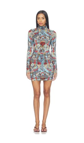 Alice + Olivia Alice + Olivia Delora Longsleeve Fitted Folded Turtleneck Mini Dress