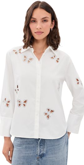 ALICE + OLIVIA ALICE + OLIVIA Finely Embellished Cutout Button Down Shirt Off White/Silver Crystal