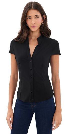 ALICE + OLIVIA ALICE + OLIVIA Freya Fitted Cap Sleeve Button Down Blouse Black