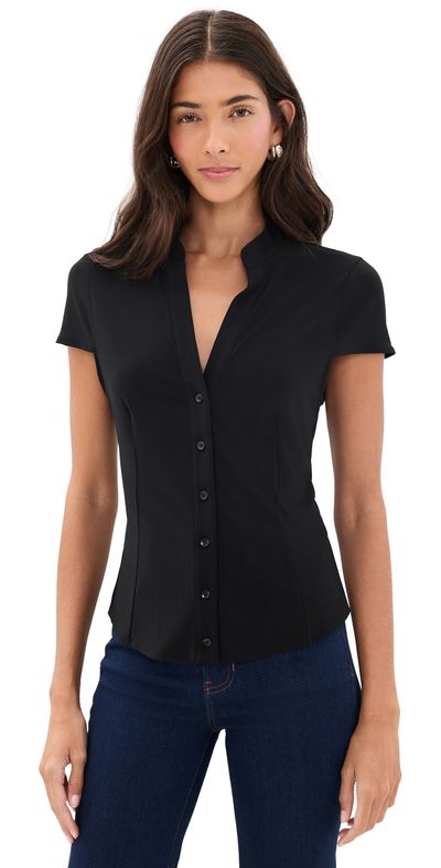 ALICE + OLIVIA ALICE + OLIVIA Freya Fitted Cap Sleeve Button Down Blouse Black
