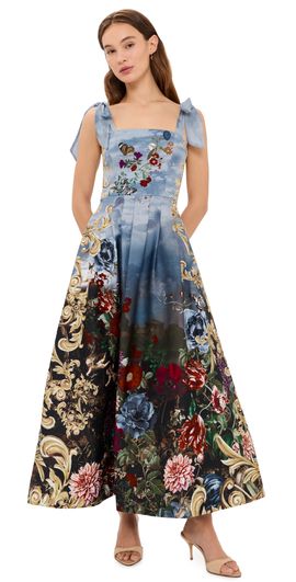 ALICE + OLIVIA ALICE + OLIVIA Hana Square Neck Tie Strap Midi Dress Alpine Dawn