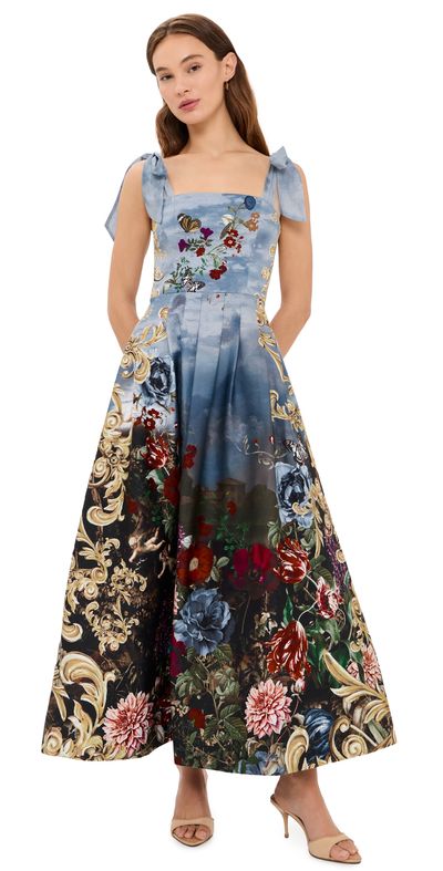 ALICE + OLIVIA ALICE + OLIVIA Hana Square Neck Tie Strap Midi Dress Alpine Dawn