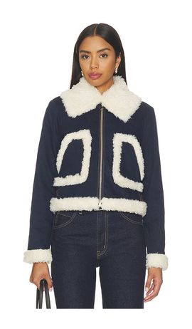 Alice + Olivia Alice + Olivia Isaiah Faux Shearling Cropped Aviator Denim Jacket