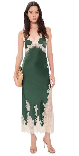 ALICE + OLIVIA ALICE + OLIVIA Julietta Cutaway Lace Trim Slip Dress Dark Fern/Biscotti