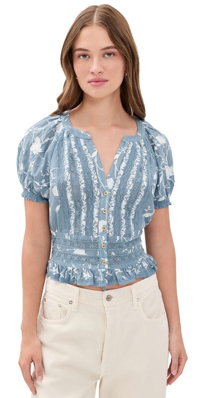 ALICE + OLIVIA ALICE + OLIVIA Kathryn Embroidered Blouse Deep Denim Blue/Vanilla