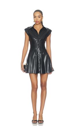Alice + Olivia Alice + Olivia Kim Faux Leather Paneled Corset Flared Mini Shirt Dress