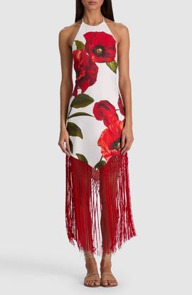 Alice + Olivia Alice + Olivia Mallory Fringe Halter Linen Blend Maxi Dress