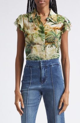 Alice + Olivia Alice + Olivia Martell Landscape Print Flutter Sleeve Top