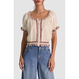 ALICE + OLIVIA ALICE + OLIVIA McLaine Embroidered Puff Sleeve Cropped Top