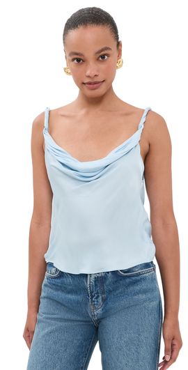 ALICE + OLIVIA ALICE + OLIVIA Monique Twist Strap Cowl Neck Tank Blue Breeze