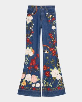 ALICE + OLIVIA Beautiful Embroidered High-Rise Bell Bottom Jeans