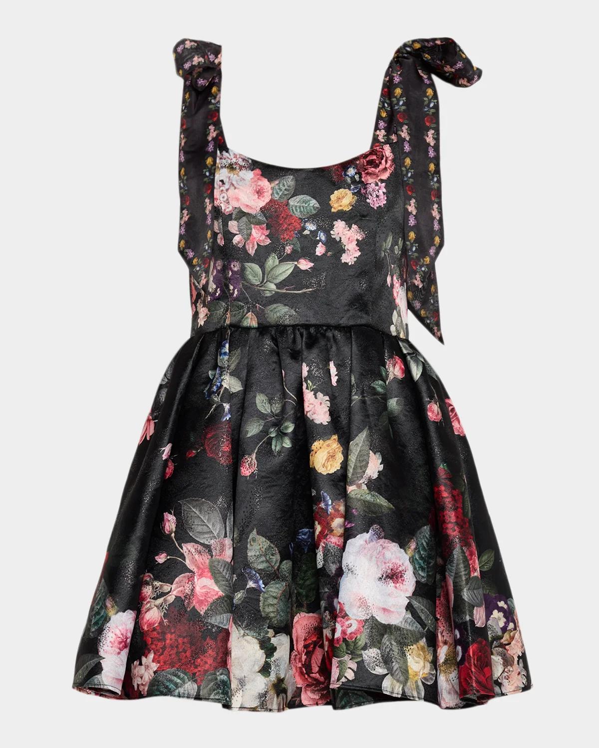 ALICE + OLIVIA Blanca Scoop-Neck Floral Brocade Tie-Shoulder Mini Dress