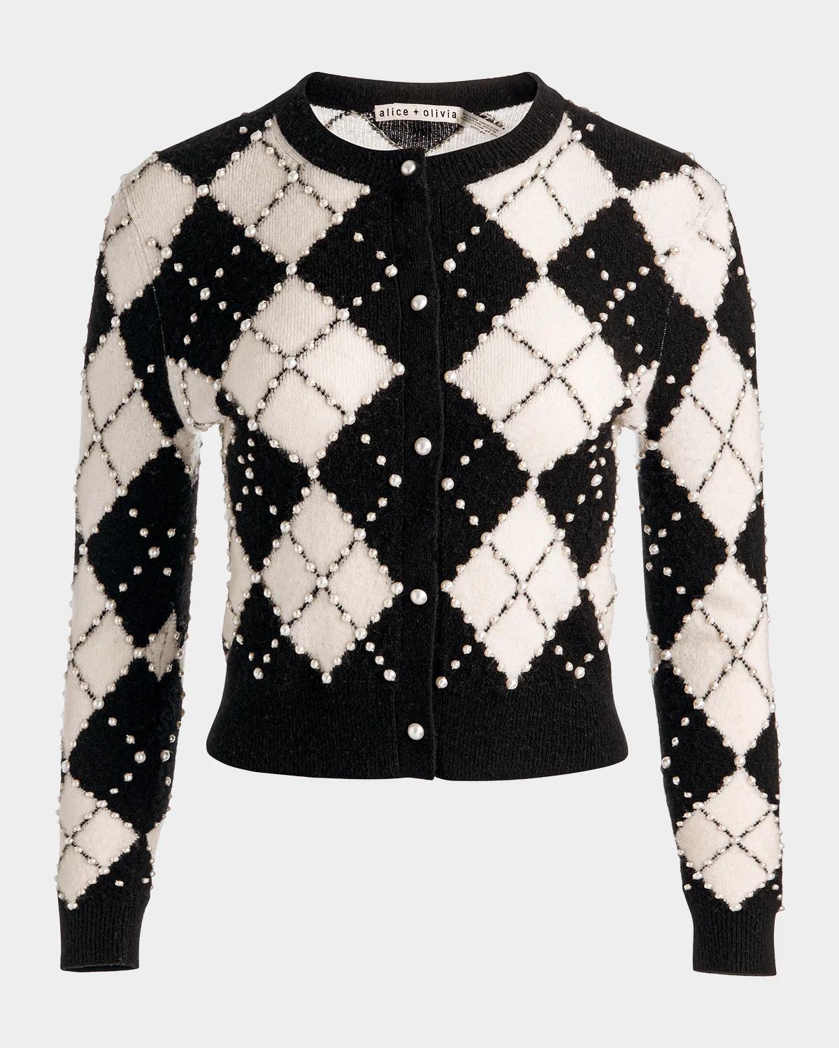 ALICE + OLIVIA Carolee Embellished Argyle Cardigan