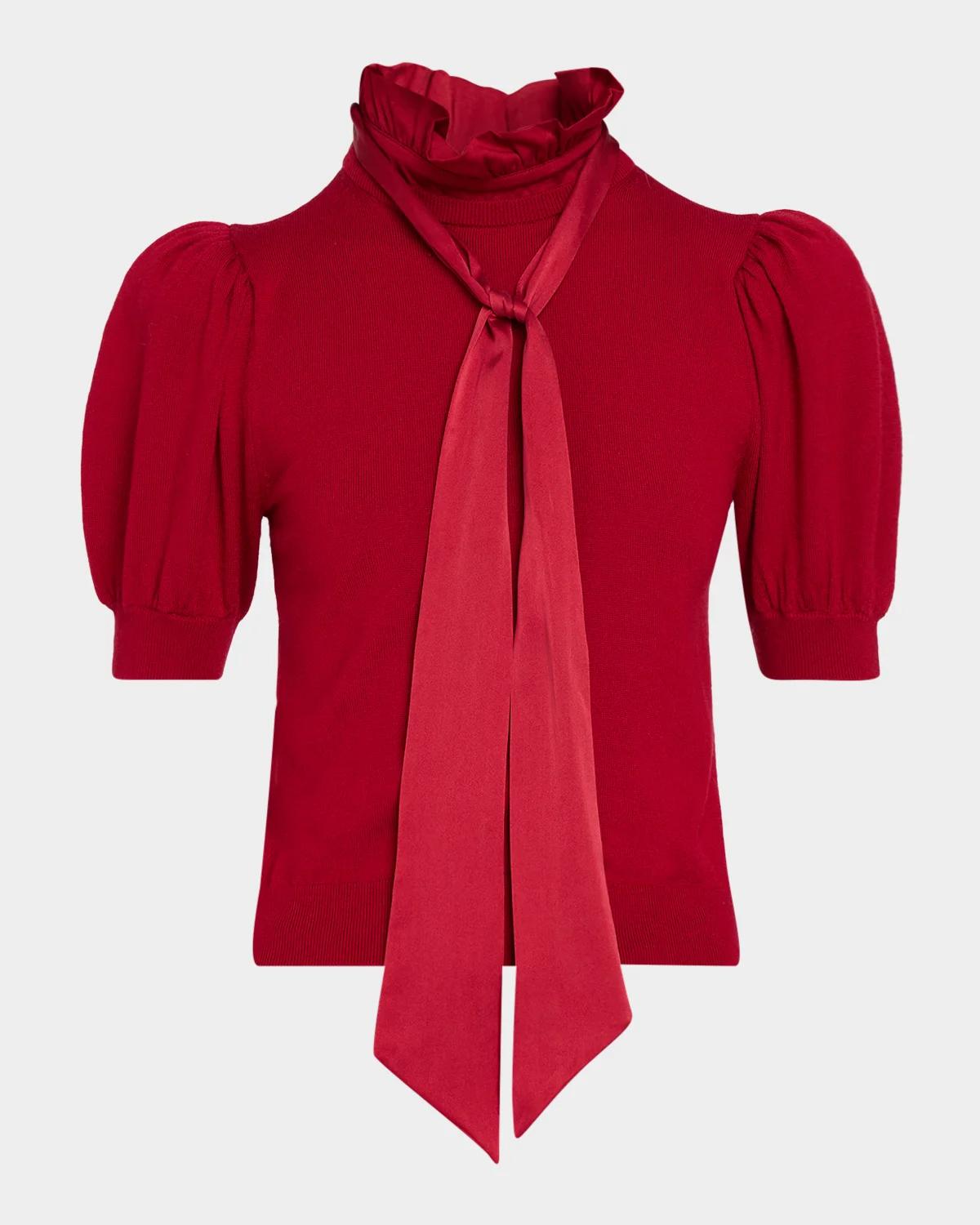 ALICE + OLIVIA Chase Puff Sleeve Tie Sweater