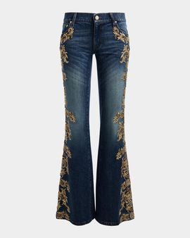 ALICE + OLIVIA Emryn Embellished Ultra Low-Rise Relaxed Flared Jeans