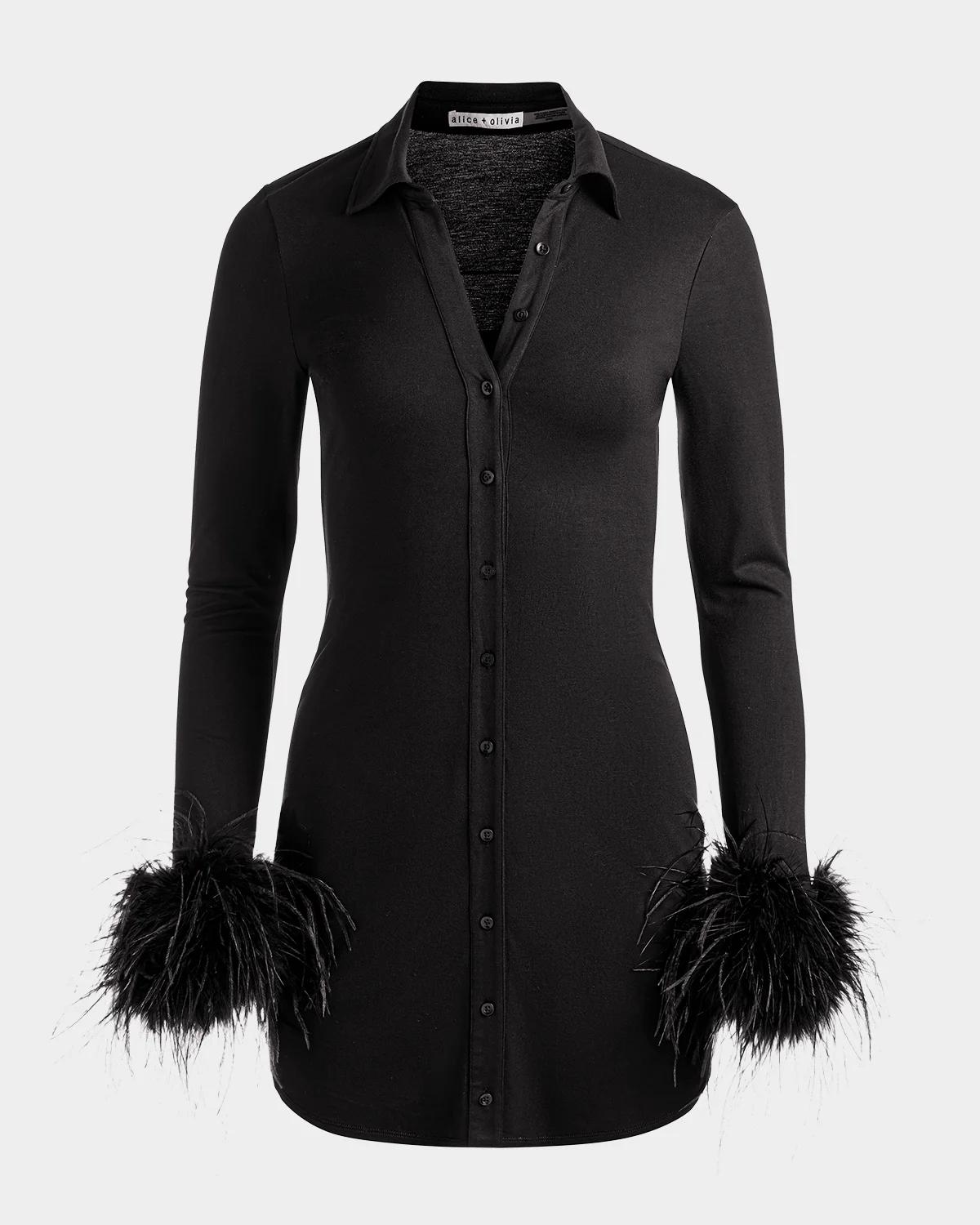 ALICE + OLIVIA Freya Feather-Cuff Mini Shirtdress