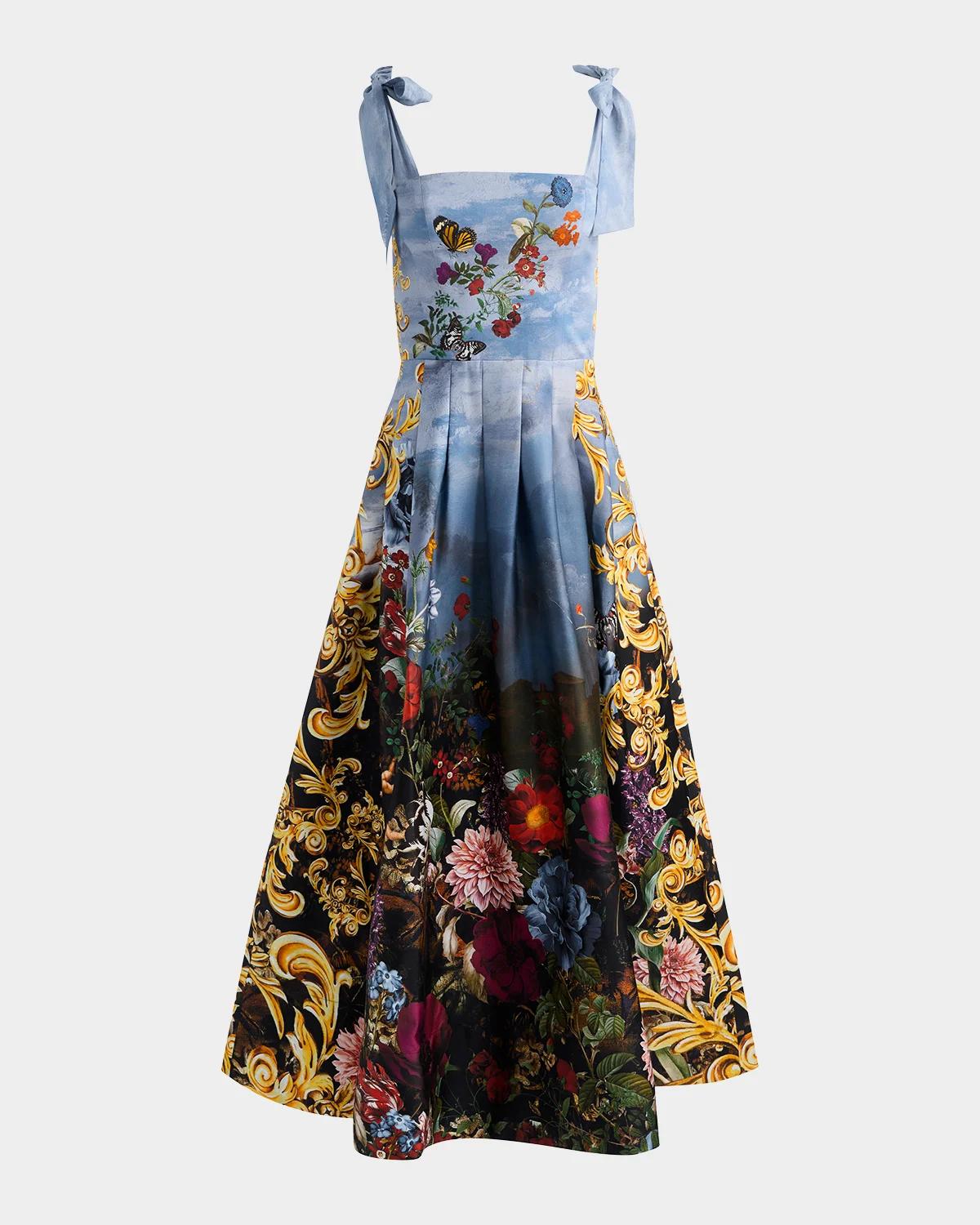 ALICE + OLIVIA Hana Square-Neck Tie-Shoulder Maxi Dress