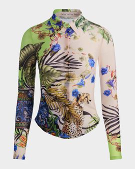 ALICE + OLIVIA Jade Mesh Button-Front Top