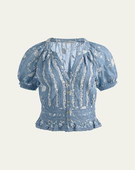 ALICE + OLIVIA Kathryn Embroidered Short-Sleeve Blouse