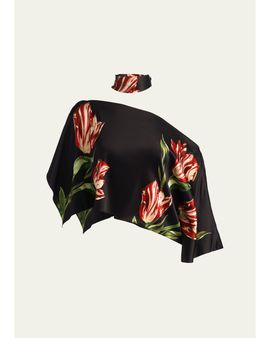 ALICE + OLIVIA Rita Draped Floral One-Shoulder Crop Top