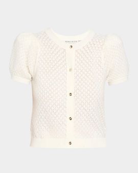 ALICE + OLIVIA Sabine Puff-Sleeve Pointelle-Knit Crewneck Cardigan