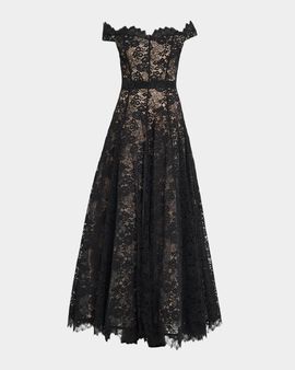 ALICE + OLIVIA Viviana Off-the-Shoulder Lace Gown