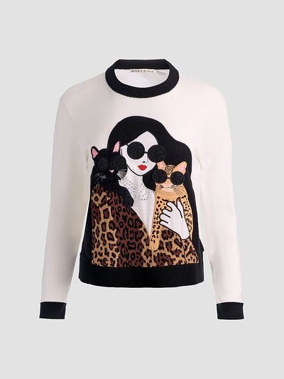 ALICE + OLIVIA Women's Gleeson Staceface Leopard Merino Wool Pullover Sweater