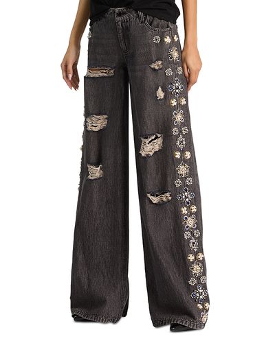 Alice And Olivia Alice and Olivia Amazing Cotton Low Rise Wide Leg Jeans in Georgia Vintage Black/Multi