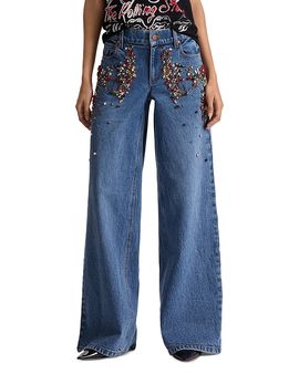 Alice And Olivia Alice and Olivia Amazing Low Rise Embellished Baggy Jeans in Brooklyn Blue