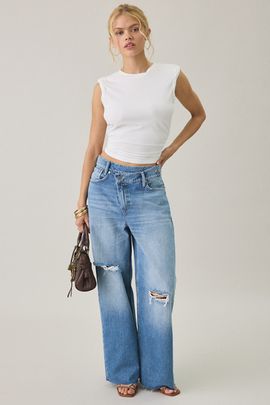 AllSaints AllSaints Aki Crossover Waist Wide Leg Jeans in Pale Blue, Women's at Urban Outfitters