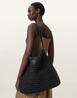 AllSaints AllSaints Asha woven straw mesh shoulder bag in black